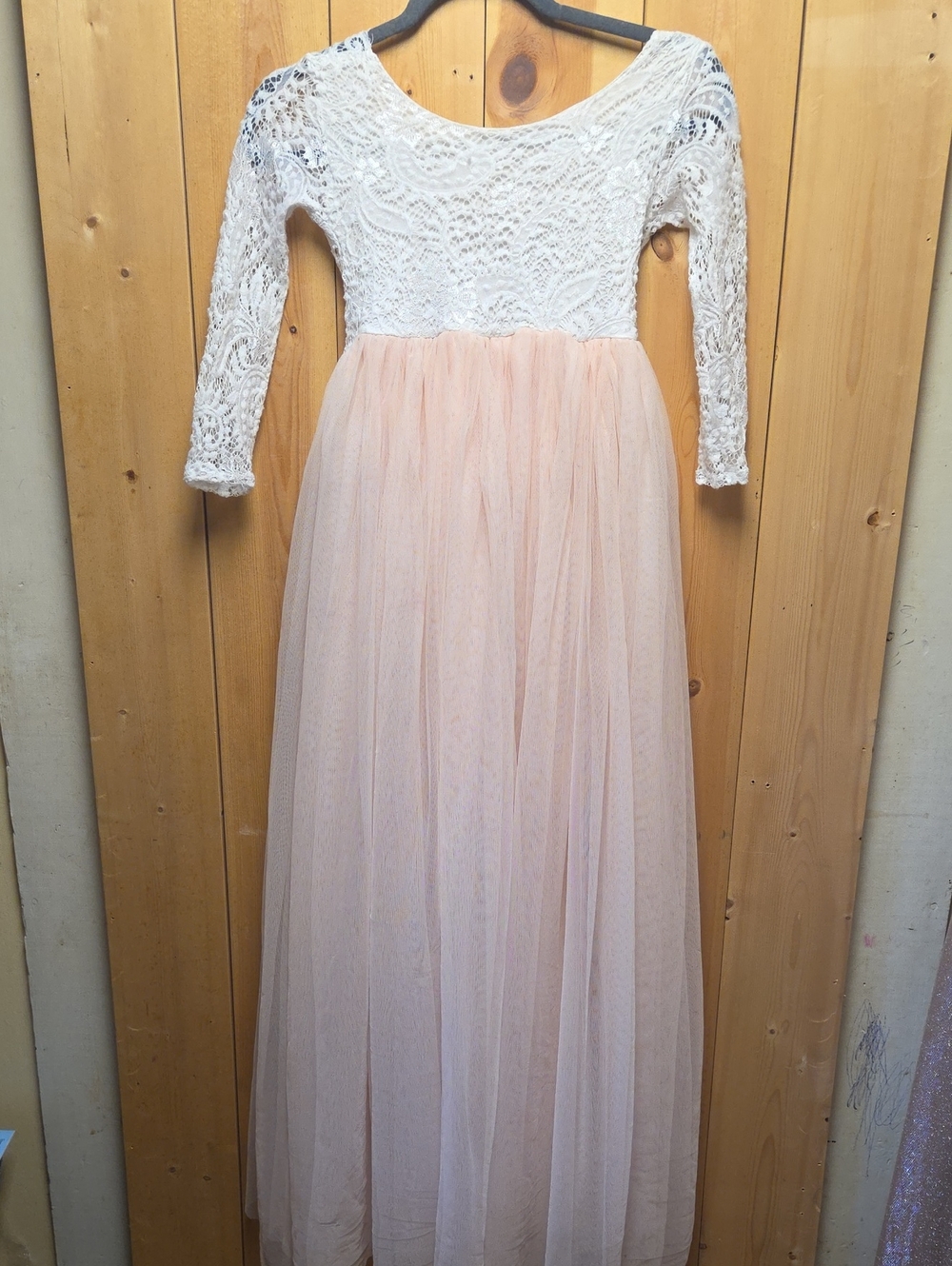 Girls Lace Bodice Tulle Maxi Dress - White & Blush